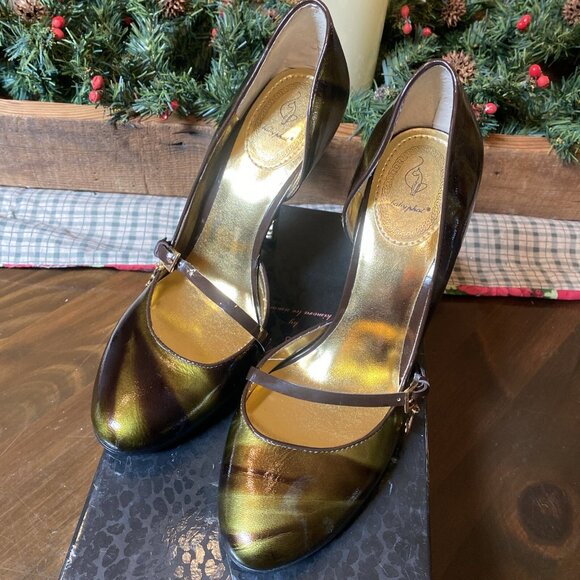 Baby Phat Shoes - Baby Phat Vintage Y2K Mary Jane Green Gold Stiletto Heels